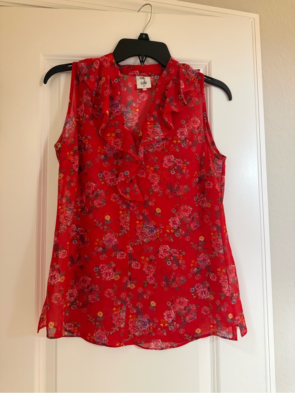 CAbi Red Floral Ruffle V-Neck Sleeveless Top